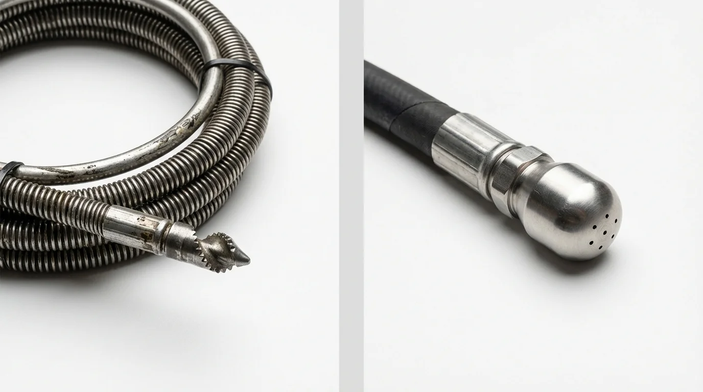 Drain snake cable and hydro jetting nozzle used for drain cleaning in Burlington, WI