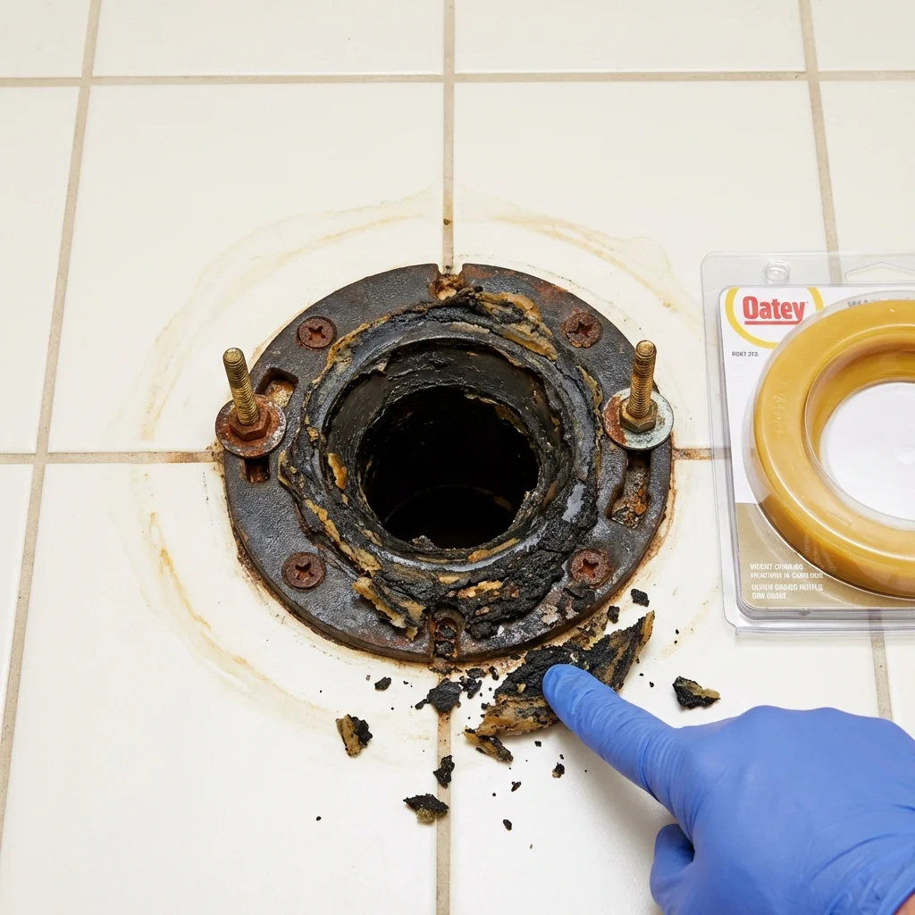 Failed wax ring showing water seepage at the base of a toilet in a Burlington, WI home