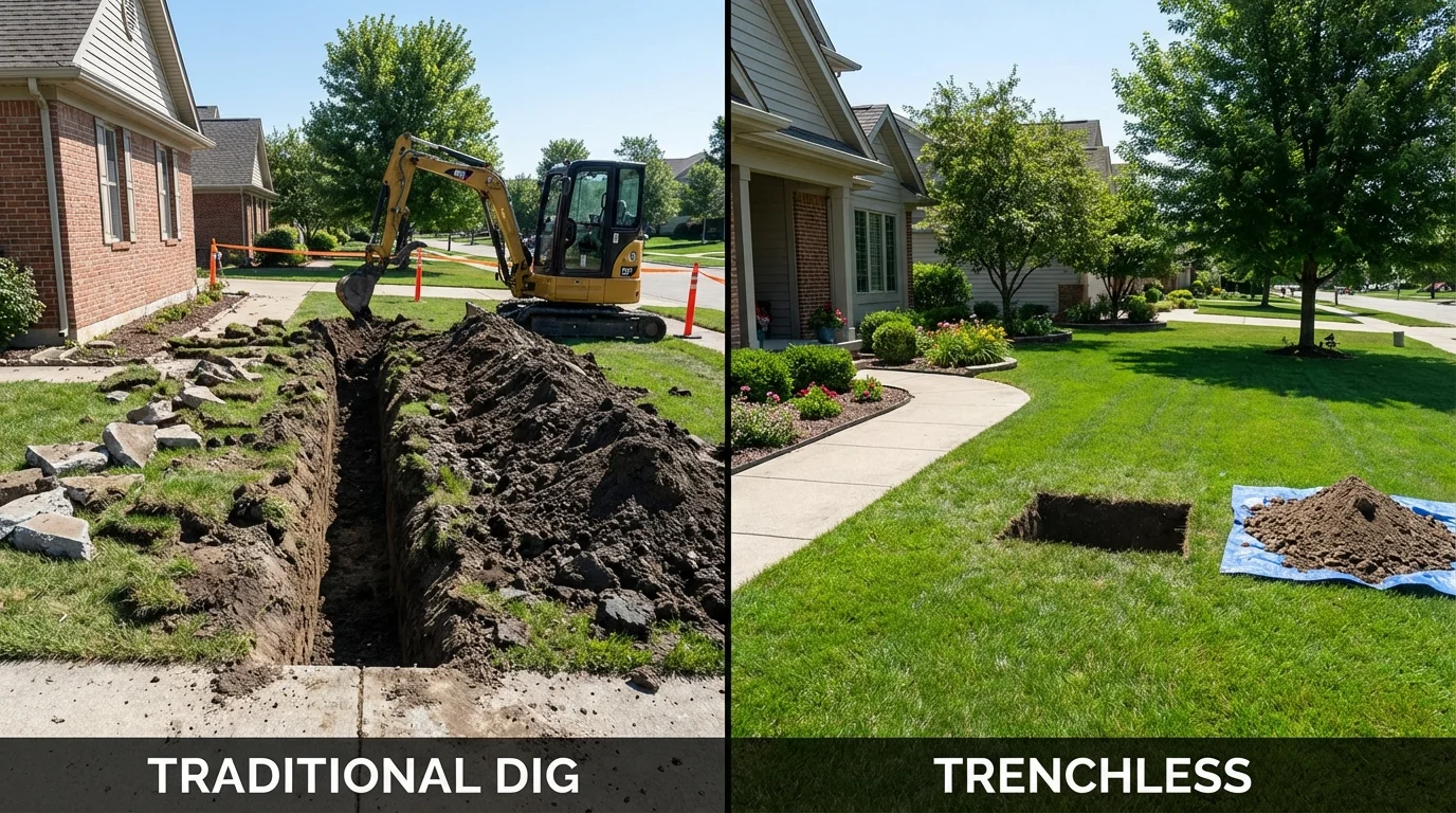 Trenchless sewer repair with minimal yard damage versus traditional excavation in Burlington, WI